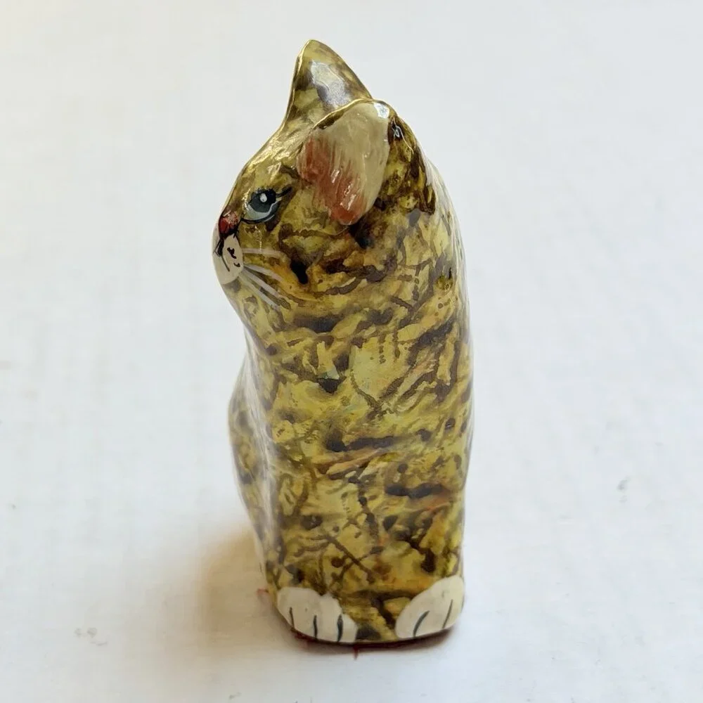 Vintage Paper Mache Cat Folk Art Handmade Painted Bow‎ Kitty Figurine Decor Gift